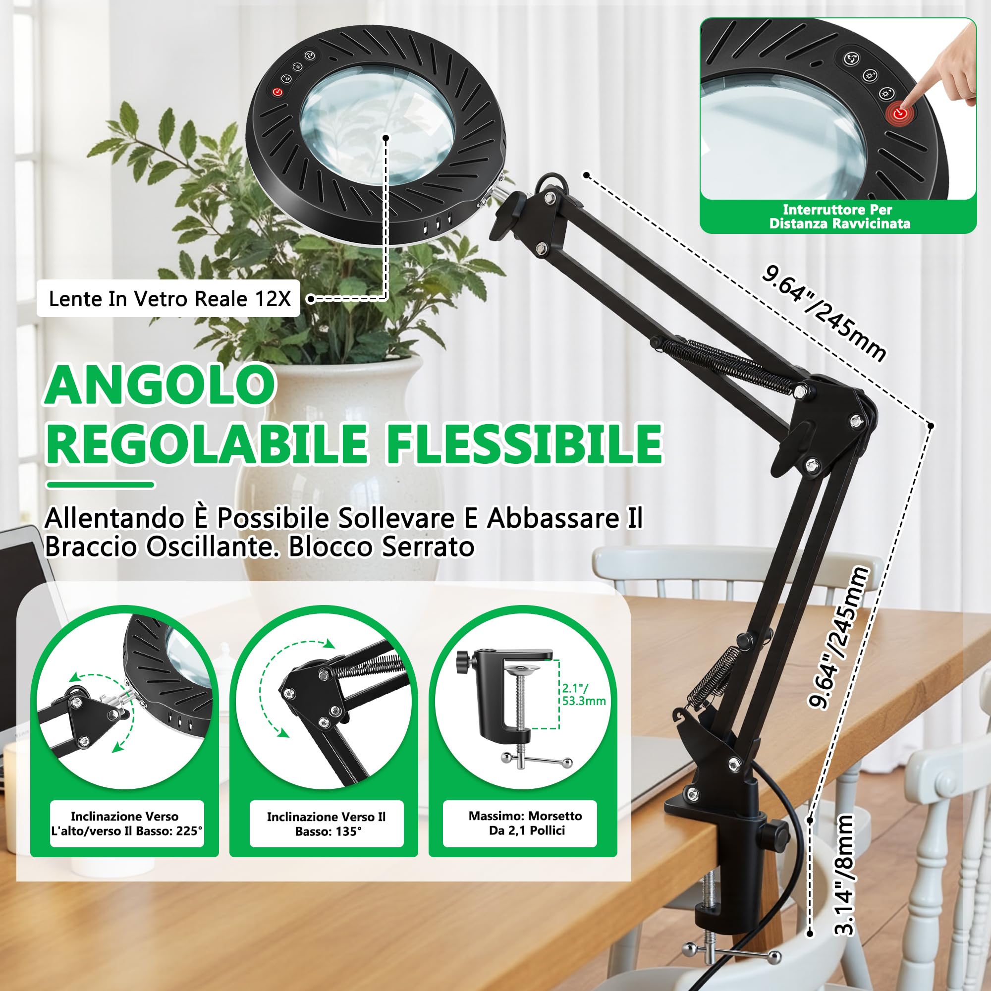 Morotty Lente Ingrandimento 12x Con Luce, Lampada Da Tavolo Led Dimmerabile Con 5 Modalità Di Colore, 9 Livelli Di Luminosità Per Lavori Manuali, Riparazioni E Primi Piani