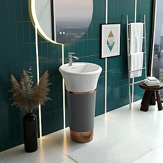 Plantex Matt Acrylic Resin & Quartz Pedestal Basin For Bathroom/Designer One Piece Pedestal Free Standing Round Wash Basin For Living Room/Hotel (White & Grey)