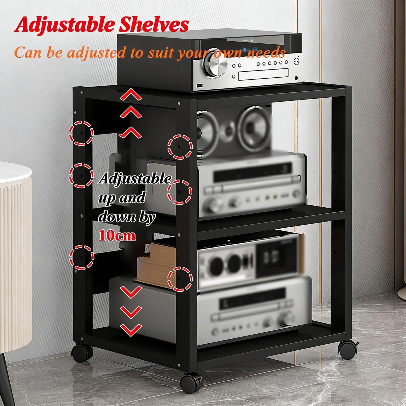 7 Ripiani Mobiletto Hi-Fi Multifunzione A, Av Tower Media Stand Supporto Con Ruote Universali Regolabile Mobiletto Portaoggetti for Casa/ufficio/teatro(Nero)