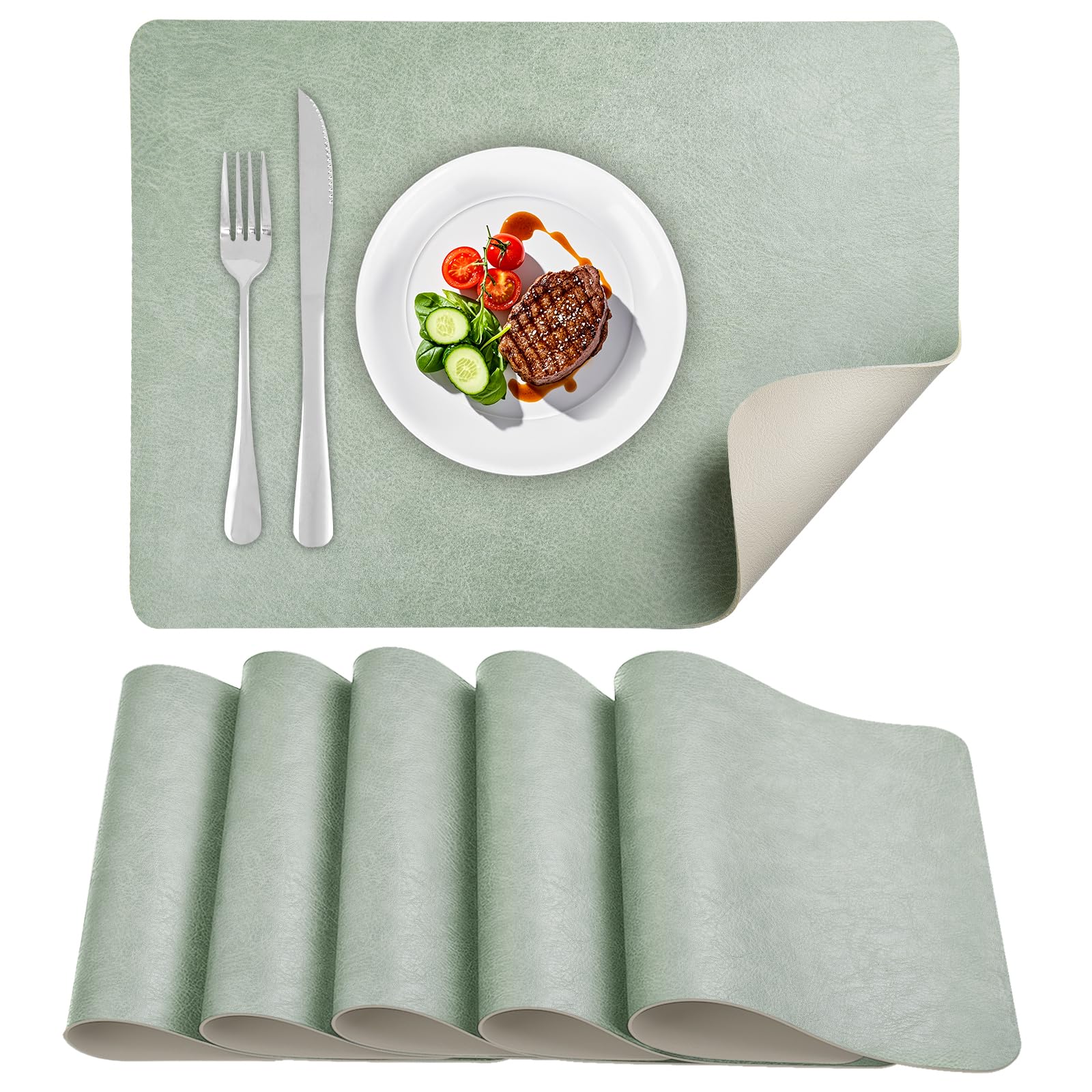 APLKER Placemats Set of 6, Waterproof Washable Table Mats Set of 6, PU Faux Leather Place Mats Heat Resistant Dual Sided Placemat for Dining Table Indoor Outdoor - 16.9 * 11.8 Inch (Sage Green/Beige) โ image 1