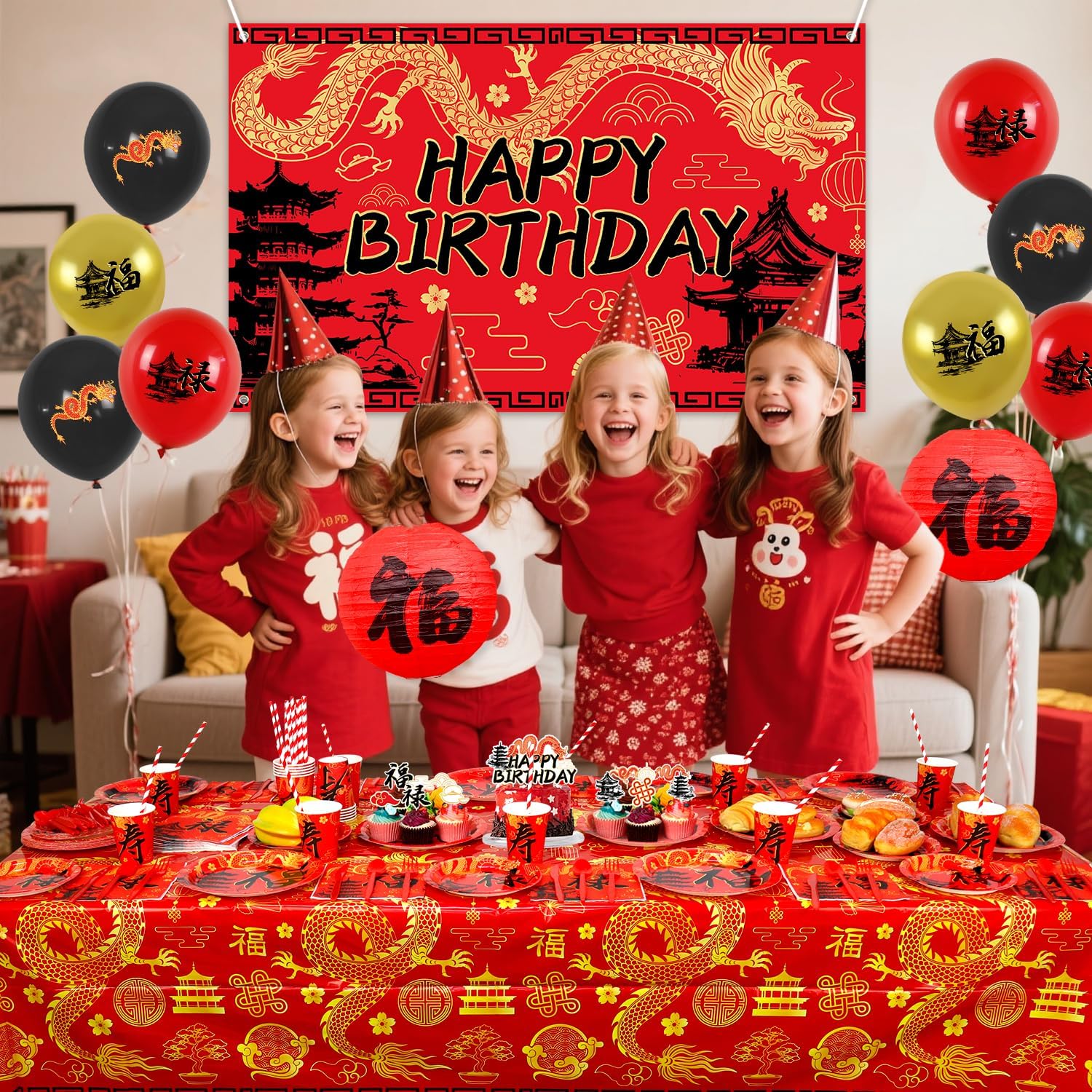 Hibachi Party Supplies , Includes Happy Birthday Banner Backdrop, Plates, Tablecloth, Cups, Balloon and Straws, for Hibachi Japanese Party Decorations Serves 20