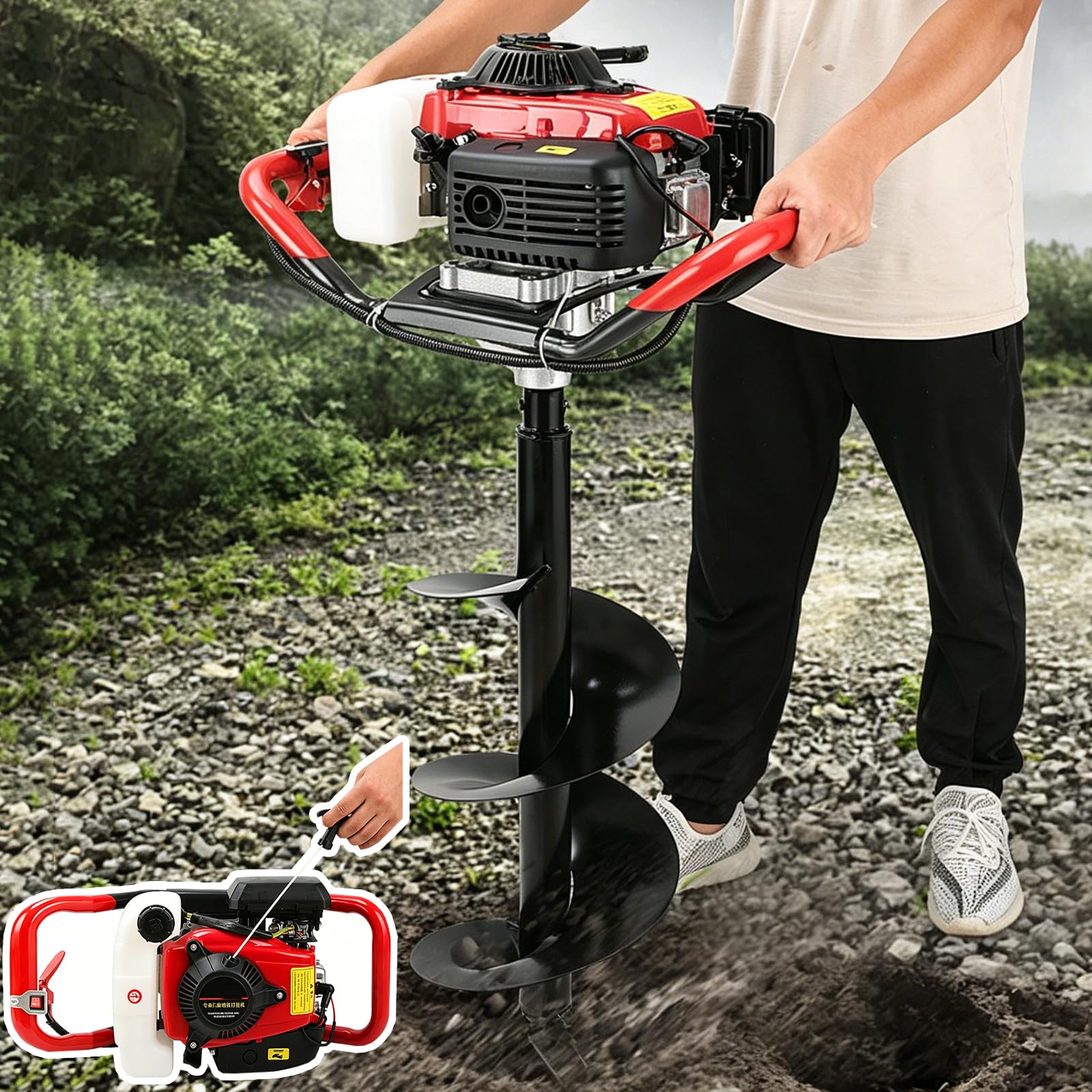 Cordless Fence Post Auger (150 Holes/Hour), 4-Stroke Gasoline Powered Earth Auger, With 80cm Spiral Drill Bit, One-Touch Shutoff, For Digging Pits, Drilling Holes, Setting Fence Posts 30cm