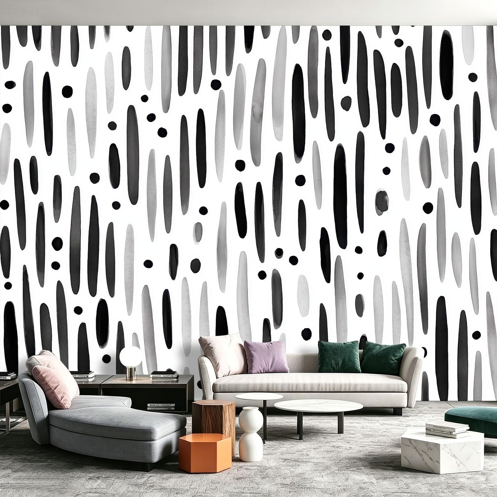 Panoramiczna tapeta abstrakcyjna geometria 200 x 140 cm (dł. x wys.), dekoracja ścienna do pokoju dziecięcego salon kuchnia - gobelin unikalny i nowoczesny design - pionowe paski w kropki