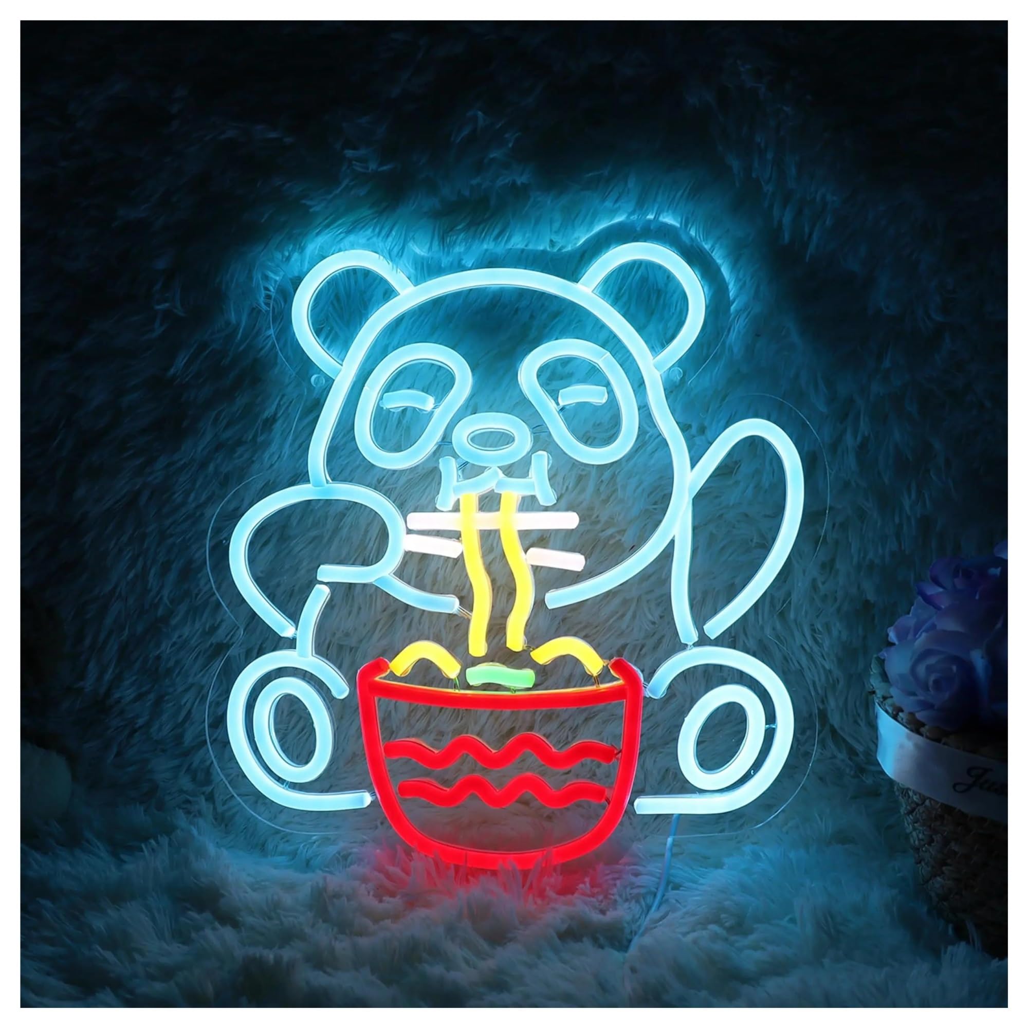 SHOUXI Sign Lamp Panda Eating Noodles Neon Decoration, Suitable for Restaurants, Japanese Noodles, Cafes 31.5x29.5cm