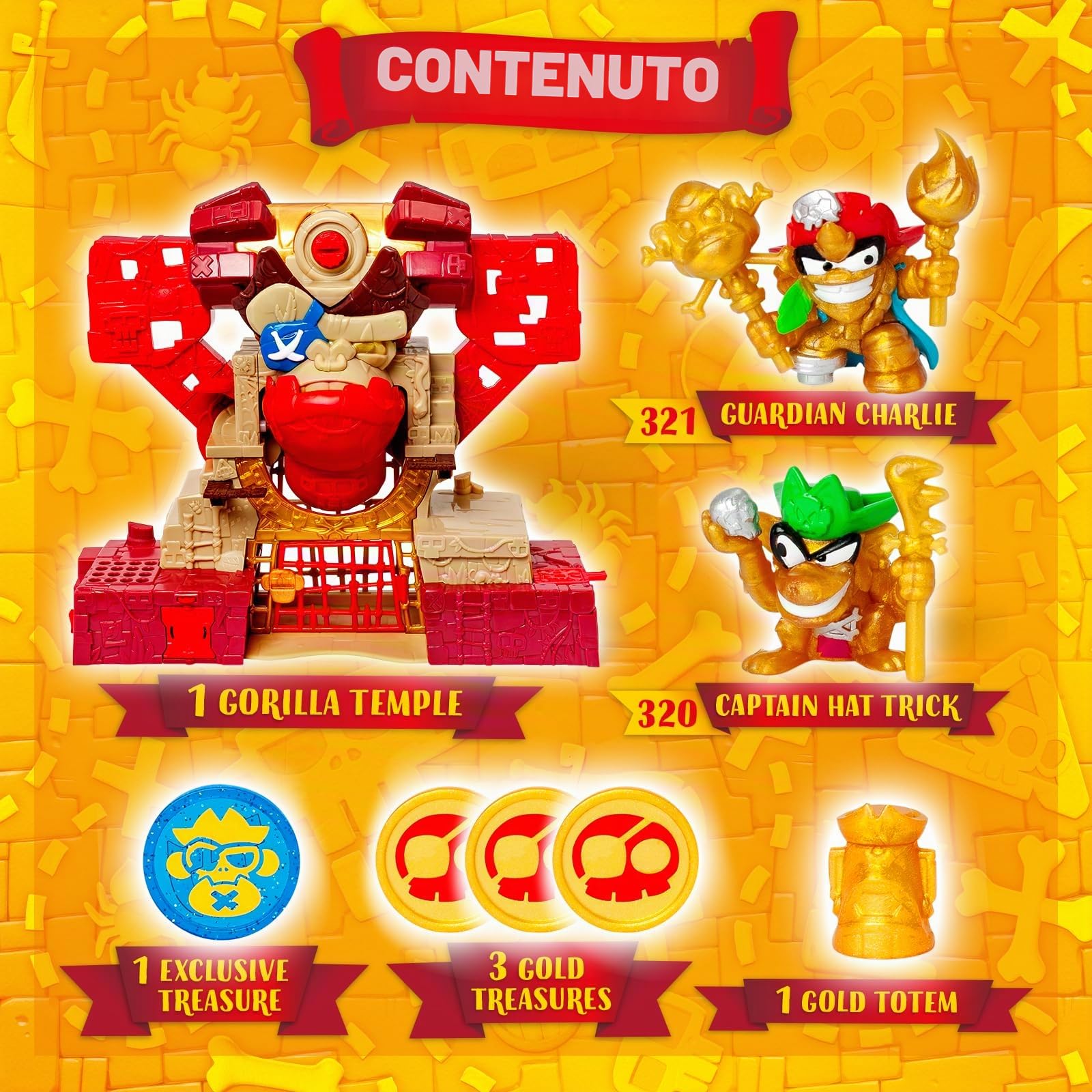 PIRATIX Gorilla Temple – Tempio Gorilla Piratix con molteplici nascondigli, segreti e prove da superare. Contiene 1 tempio, 4 monete (1 esclusiva), 1 totem dorato, 2 piratix esclusivi e 3 accessori
