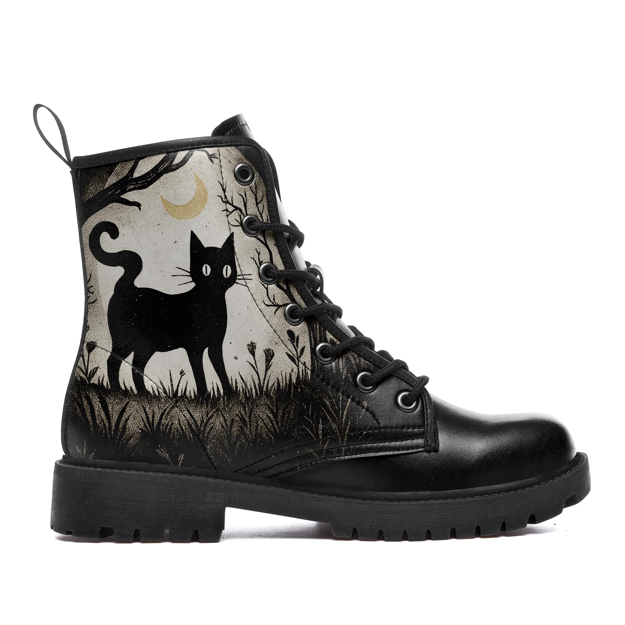 Gothic Combat Ankle Boots for Women Animal Artwork Lace-Up Vegan Leather Booties Punk Rock Chuncky Heel Fashion Black