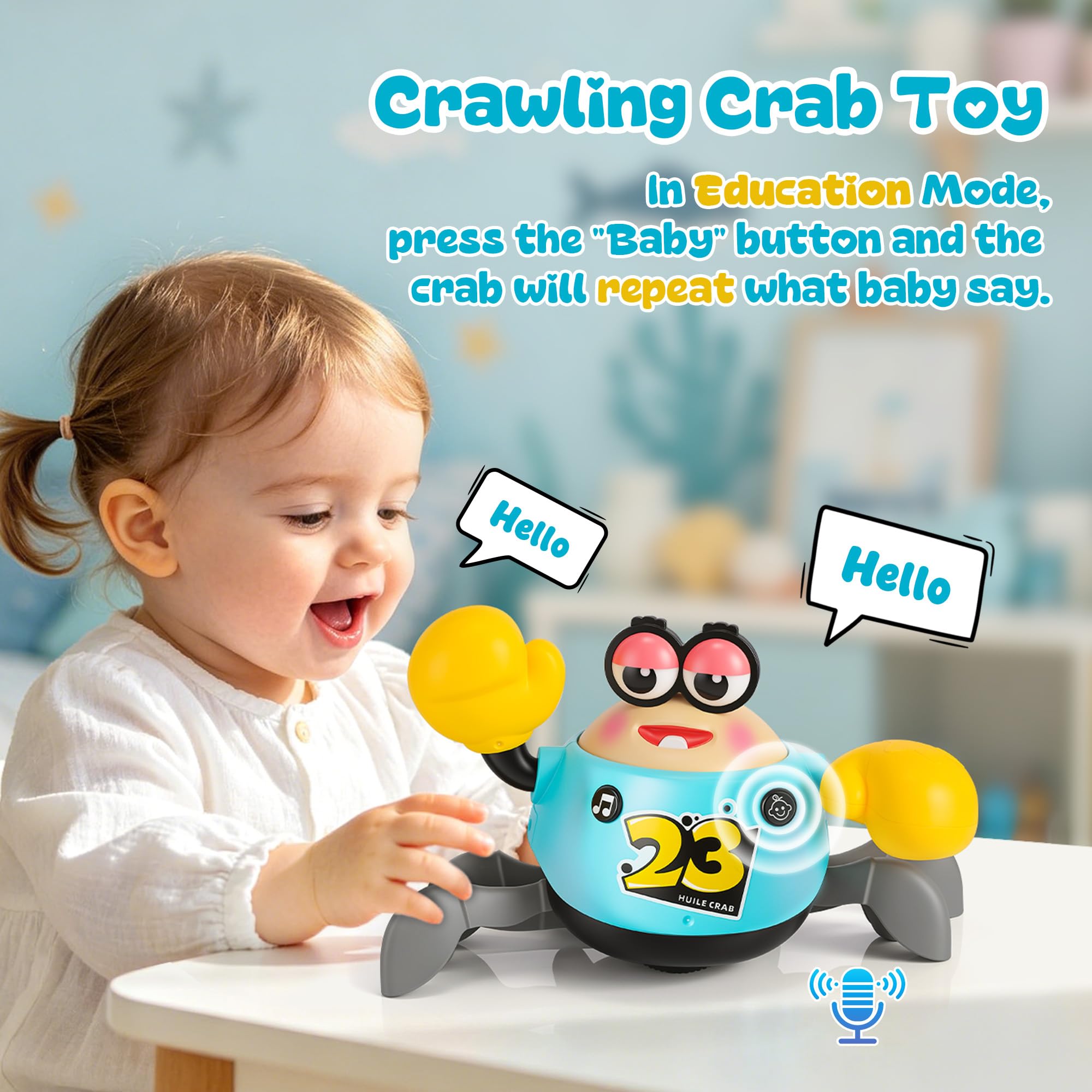 Krabbelspielzeug Baby 6-12 Monate – Tanzende Krabbe mit Musik und Licht | MONKRY Interaktives Krabbel Spielzeug mit Automatischer Hindernisvermeidung, Tummy Time Toy Geschenk für Jungen und Mädchen