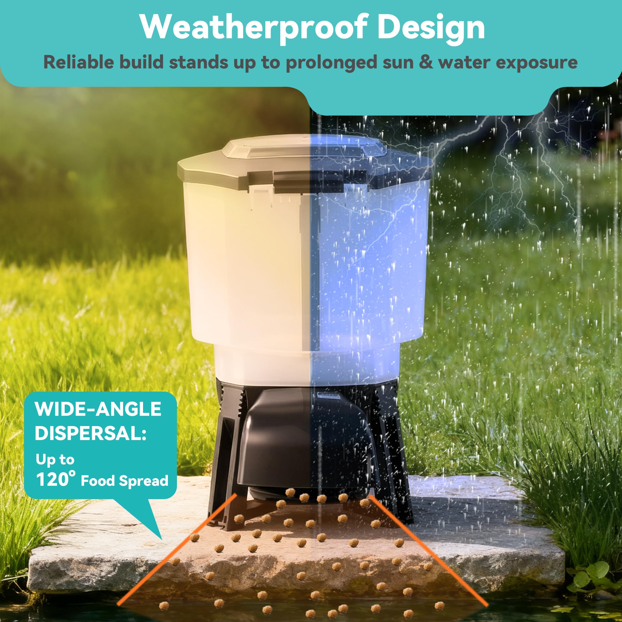 Solar Automatic Fish Feeder for Pond, Large Capacity 23L, Auto Outdoor Koi Fish Feeder, Programmable Auto Timer, Automatic Dispenser for Vacation, Big Tank, Battery & AC Electric Power - image 4
