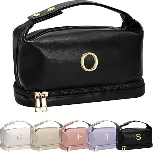 Vista 206 de Regalos Vogewood para mujeres, bolsa de maquillaje personalizada con asa, bolsa de cosméticos inicial de doble capa con organizador de brochas