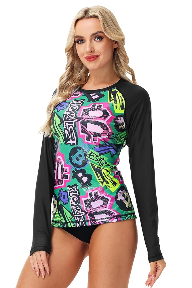 Women Shiny Swimwear Top Glitter Silver Water Shirt Long