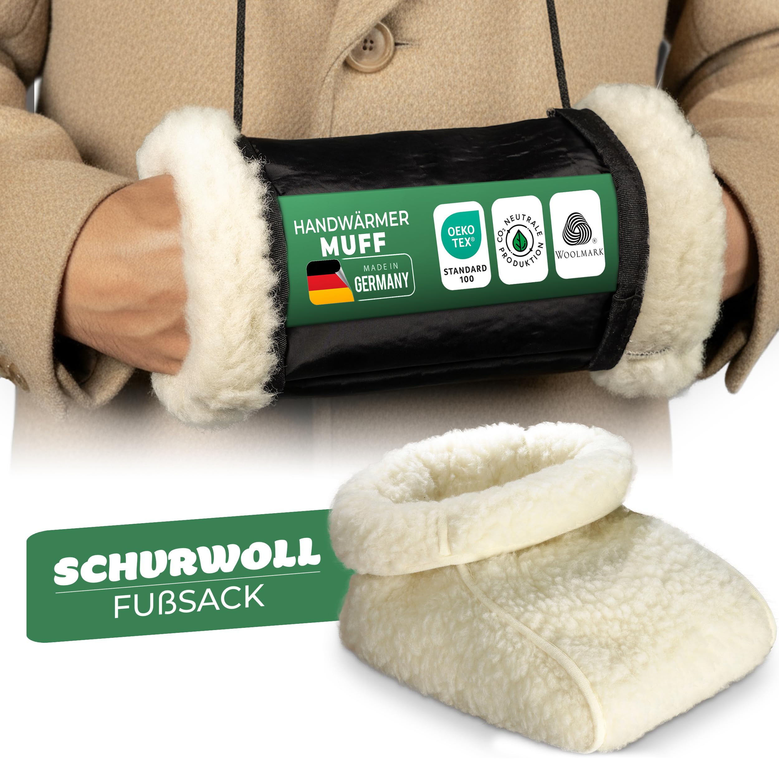 Novaliv Schurwoll-Wärmeset – Schurwoll-Fußsack & Handwärmer-Muff – Fußwärmer und Handwärmer ohne Strom aus 100% Schafwolle gegen kalte Füße und Hände auf Sofa, Couch