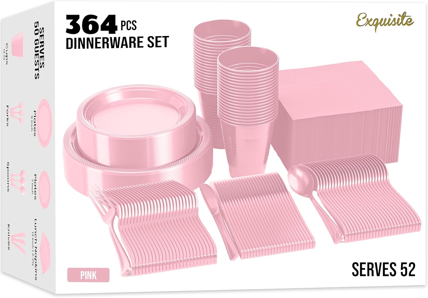 364 PCS Plastic Dinnerware Set Includes 52 Of Each 9" Pink Plastic Dinner Plates | 7" Plastic Dessert Plates | 12 oz Plastic Cups | Pink Napkins | Plastic Spoons, Forks & Knives Exquisite