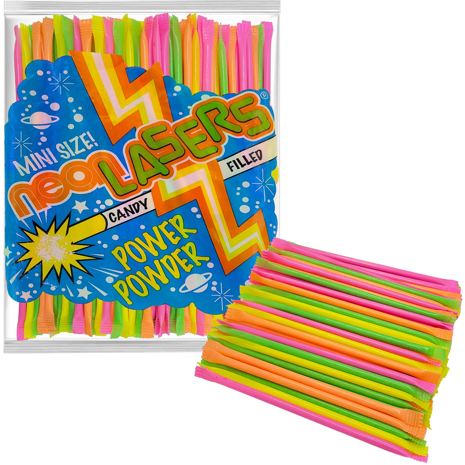 Neon Laser Straws, Straws Filled with Candy Powder, Bulk Candy Party Favor (120-Pack)
