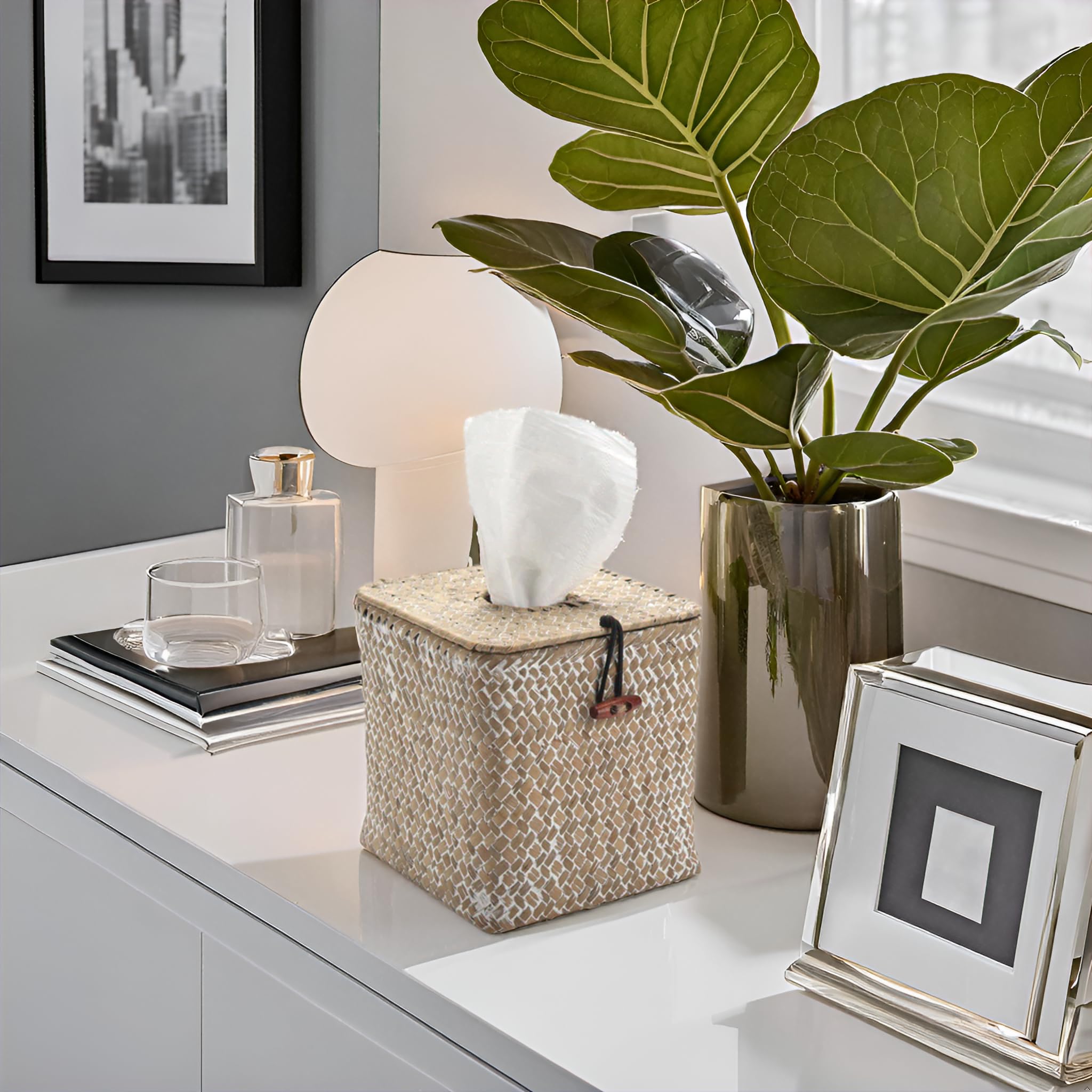 Scatola per fazzoletti in Vimini Quadrato, Scatola per Salviette in Seagrass, Scatola da Fazzoletti Intrecciato Decorativa per Bagno, Soggiorno, Cucina, Camera da Letto (Bianco)