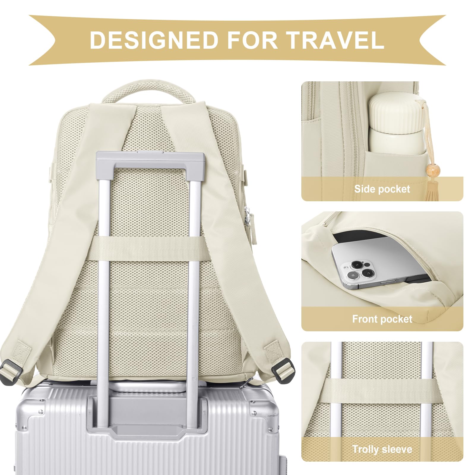 Cabin Bags for Travel, Underseat Carry on Hand Luggage Backpack for Women Airplane Approved Travel Backpack Personal Item Travel Bag 14 inch Laptop Backpack for Business Casual Work Beige — view 5