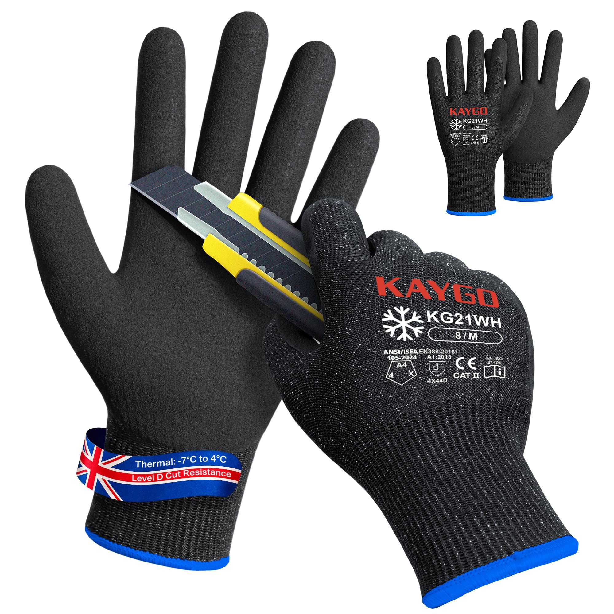 KAYGO Thermal Safety Work Gloves Sandy Nitrile Coated 2 Pairs, KG21W