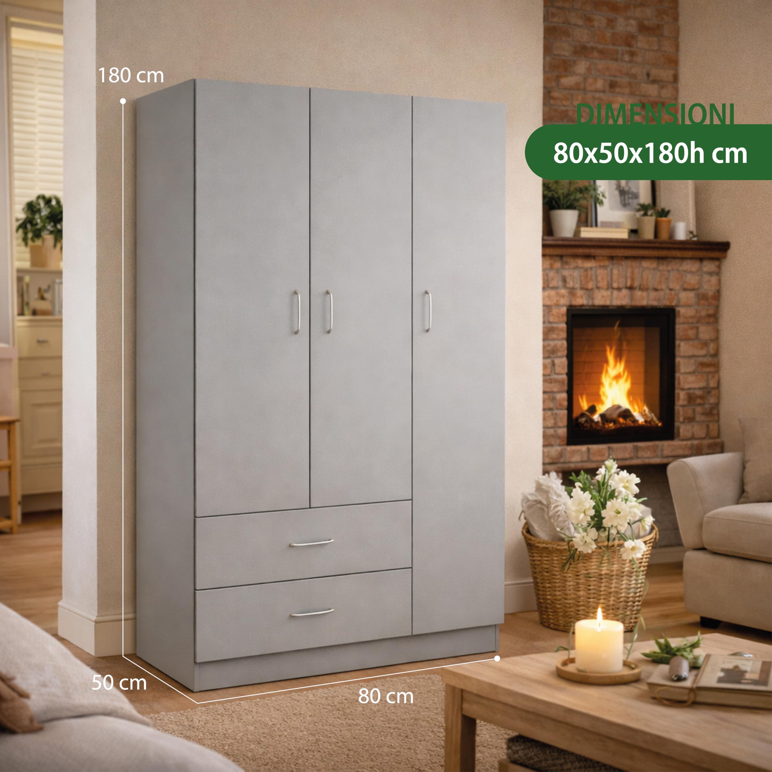 Armadio Guardaroba 80x50x180h CM - 3 Ante, 2 Cassetti, Ripiani, Appendiabiti Alto, Maniglie, Struttura in Legno Truciolare, Spazioso, Salvaspazio, Cabina Armadio, Camera - (Grigio)