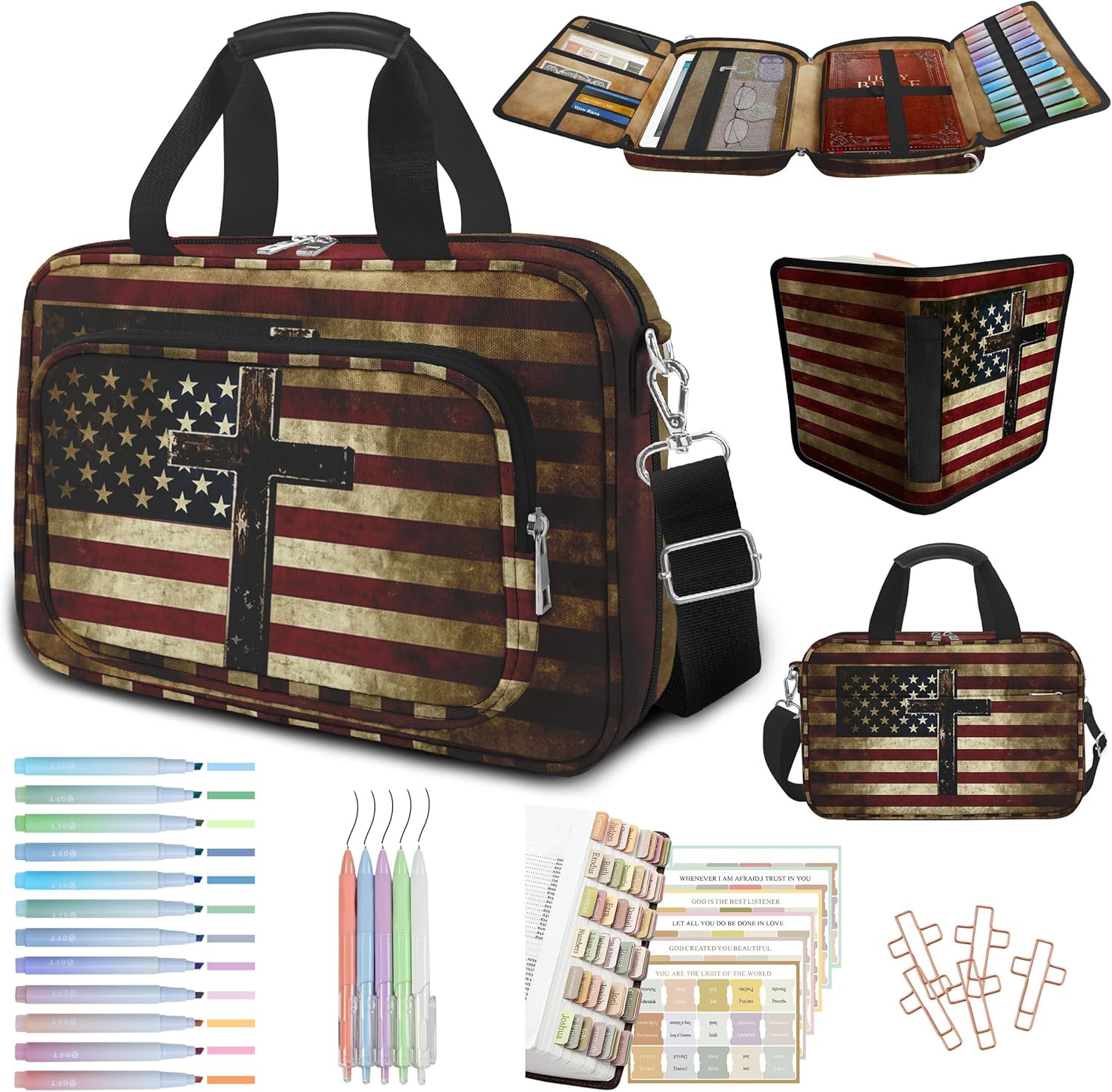 American Flag Cross Bible Cover Case for Women Men Boys, Large Bible Bag Book Carrying Case with Strap & Handle Zipper Pocket, Bible Study Supplies Journaling Kit, Highlighters and Pens Cross Clips