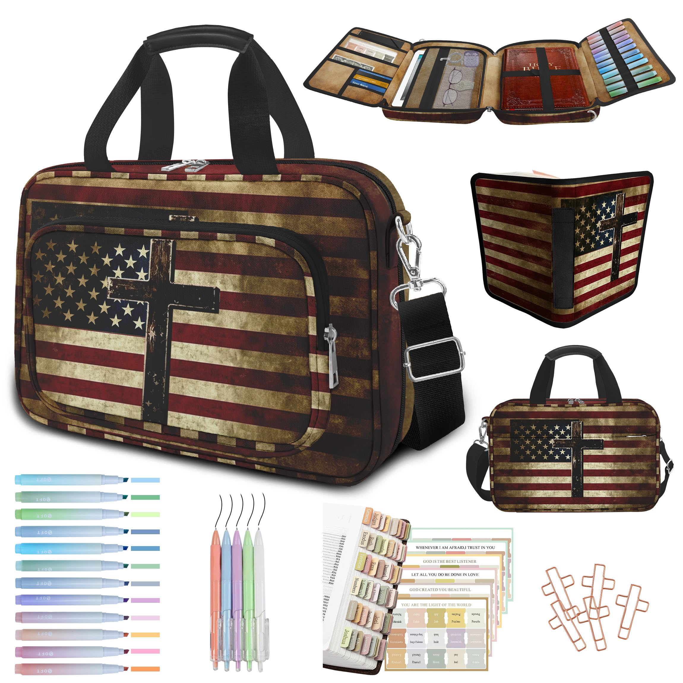 bolimoss American Flag Cross Bible Cover for Men, Large Bible Cover Case with Handle Strap, Bible Bag with Zipper Pockets, Bible Study Supplies Accessories with Pens Highlighters Cross Clips Tabs