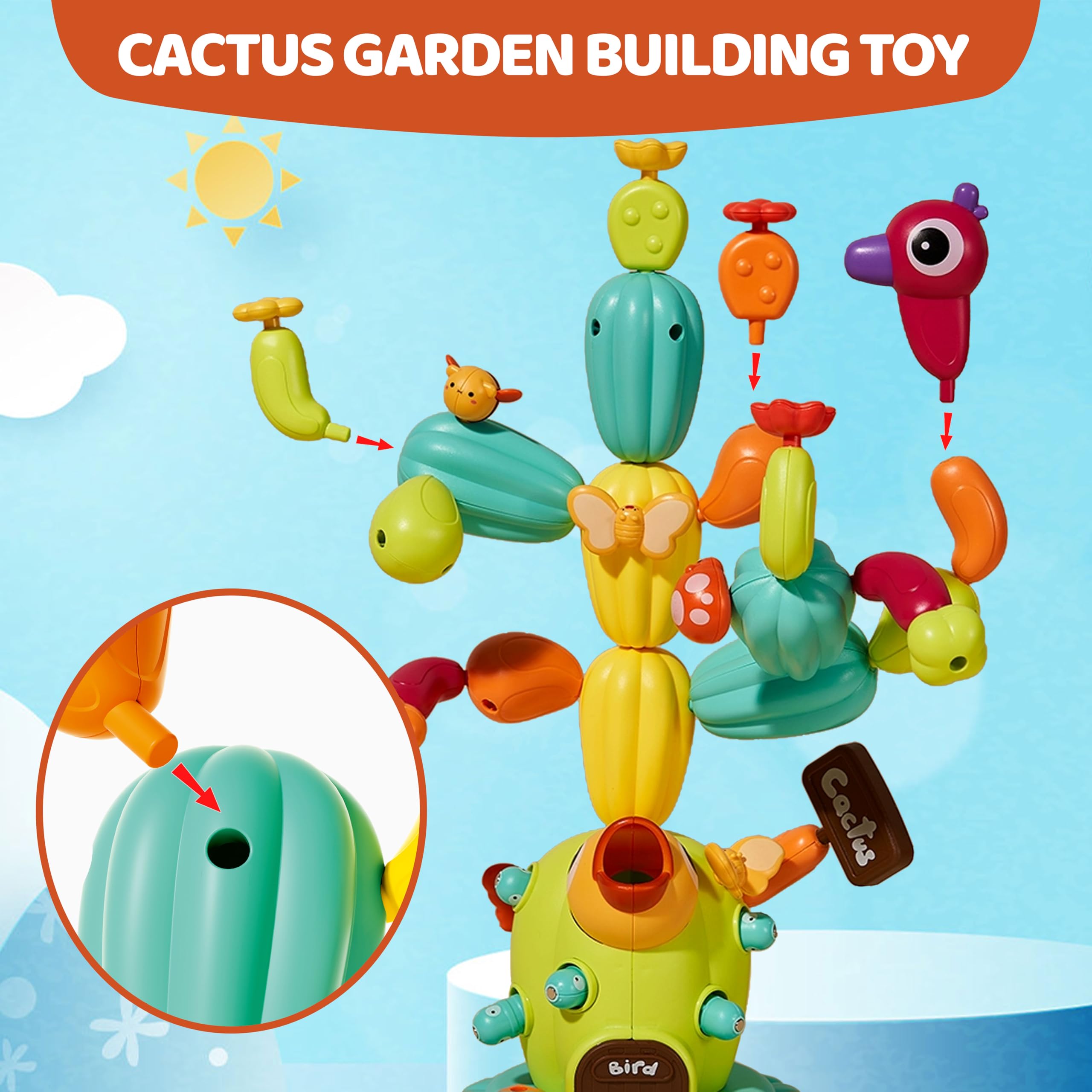 OLMURI Cactus Garden Toy for 3+ Age Girls and Boys, Flower Garden Building Toy with Magnetic Bird Feeding Game, Educational Preschool Birthday Gifts - Image 2