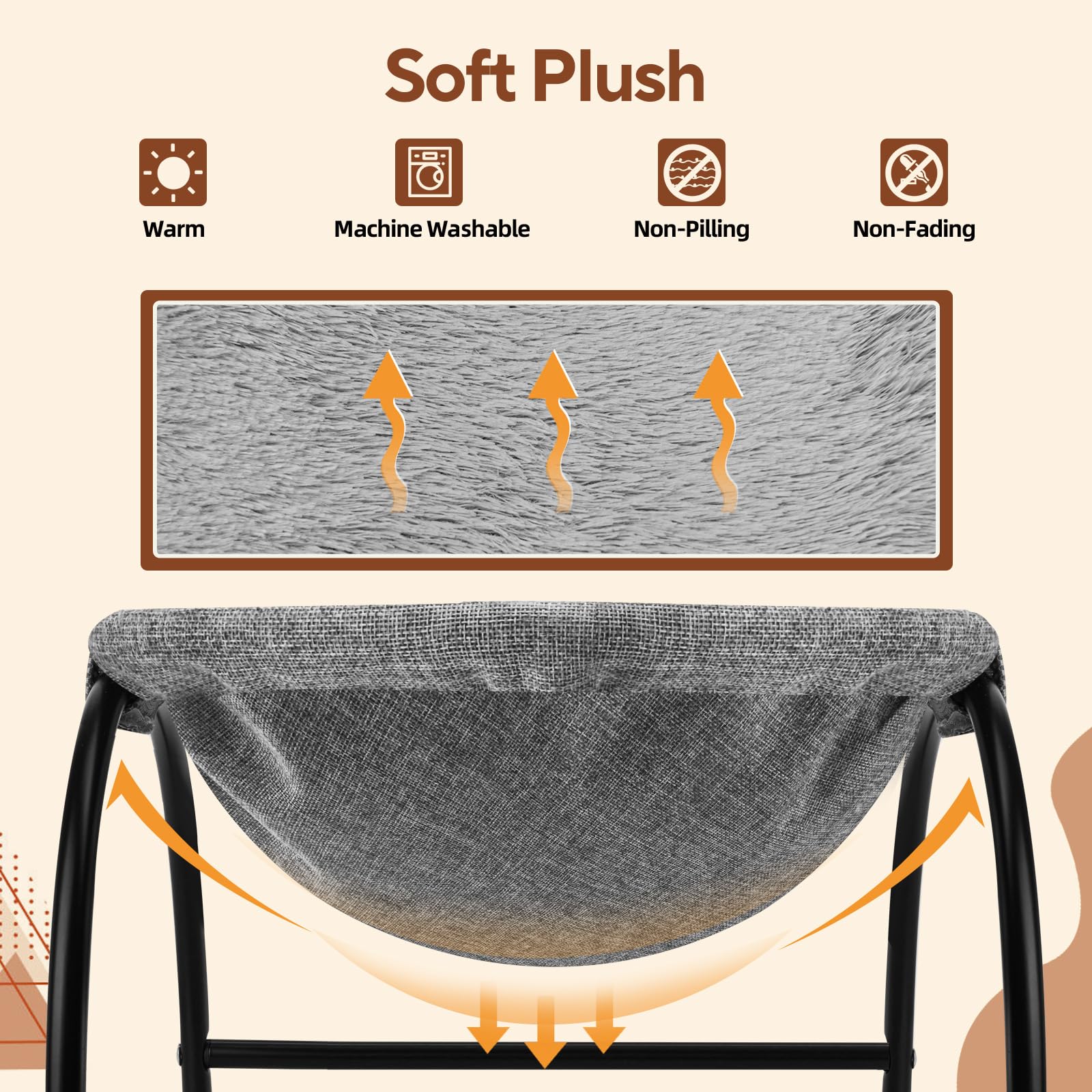 LIFLIX Elevated Cat Hammock Bed, Free-Standing Cat Cot with Removable Plush, Raised Stable Pet Bed (Grey) - Image 4