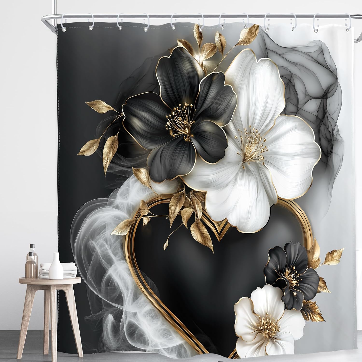 Homewelle Black White Gold Floral Shower Curtain Extra Long Golden Flower Leaves Luxury Modern Contemporary 72Wx84H Inch Artistic Aesthetic for Women Girls Waterproof Polyester Fabric Bathroom Bathtub