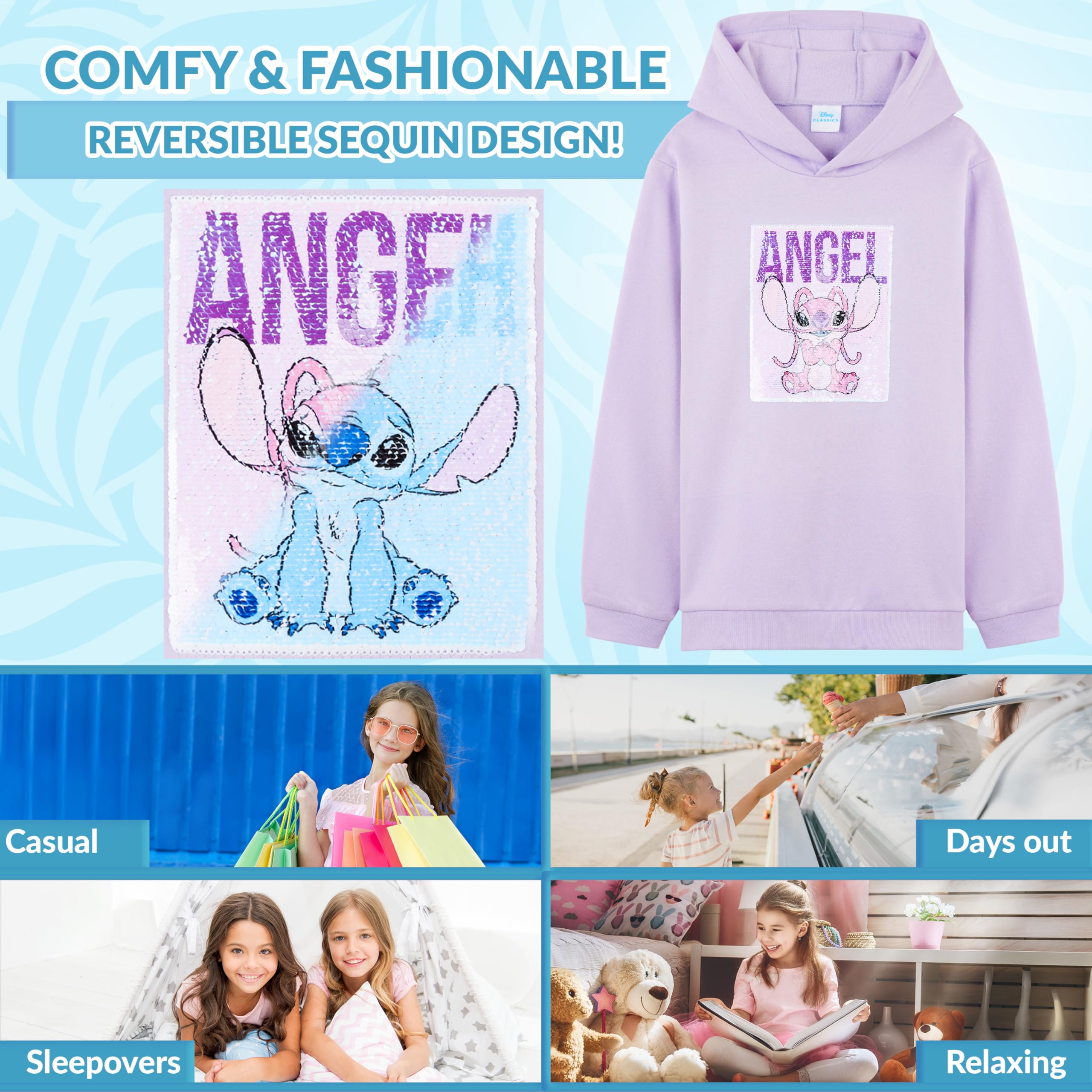 Disney Stitch Sudadera con Capucha Reversible de Lentejuelas, Moda Cálida Ropa para Niña y Adolescente