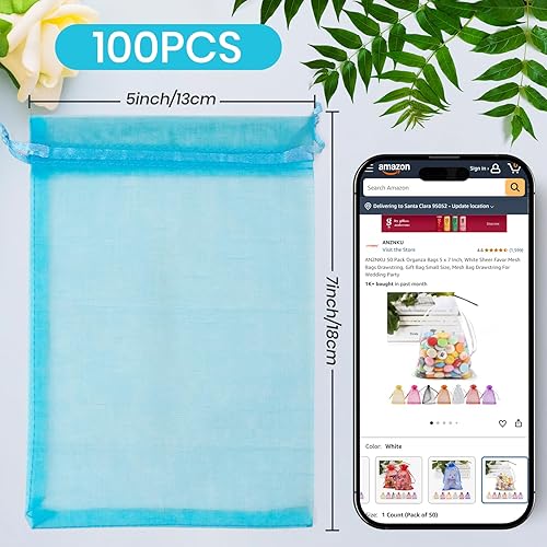 ANZNKU 50 Pack Organza Bags 5 x 7 Inch, White Sheer Favor Mesh Bags Drawstring, Gift Bag Small Size, Mesh Bag Drawstring For Wedding Party(Lake Blue,1 Count (Pack of 100))