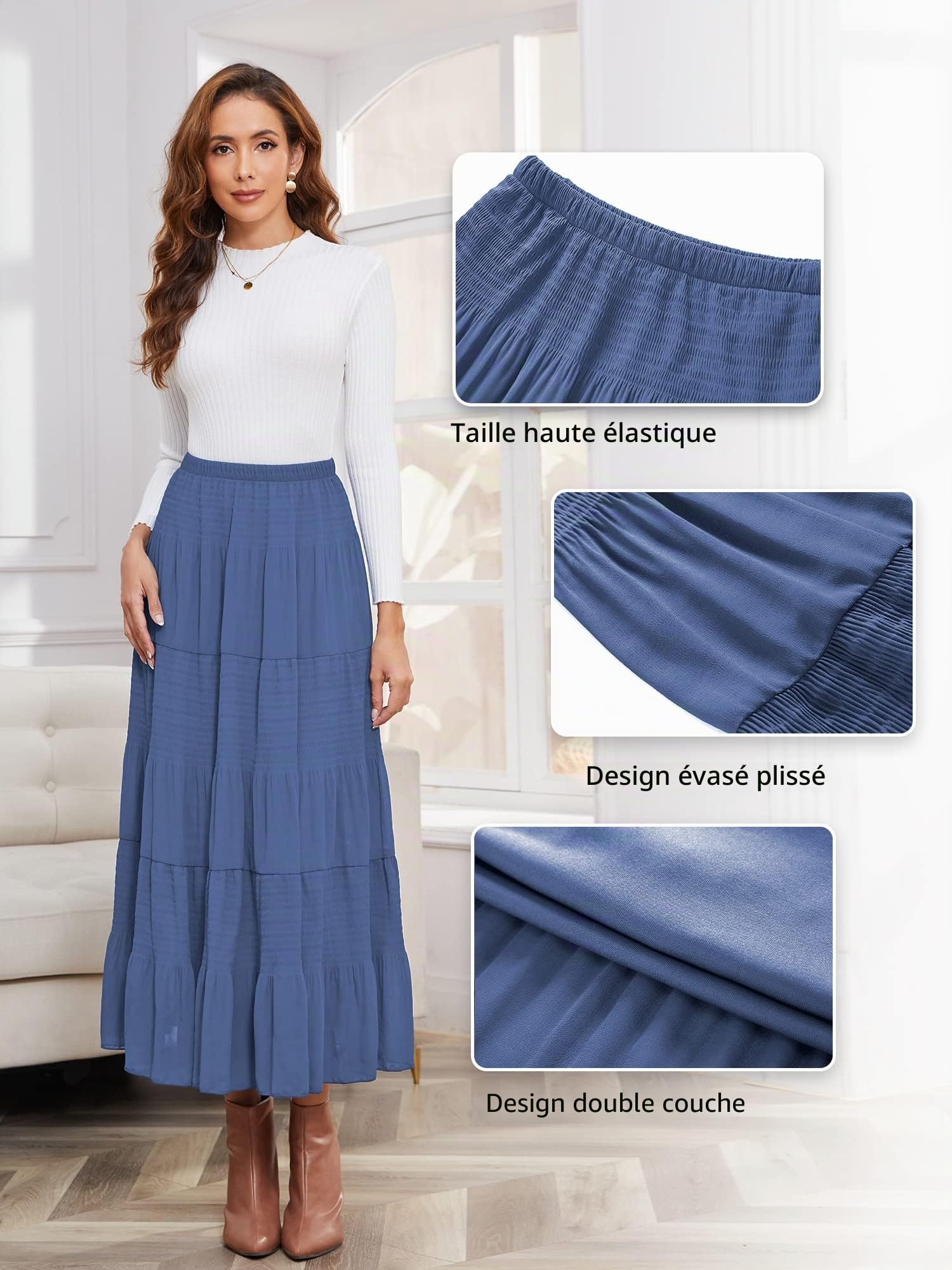 NASHALYLY Femme Longue Taille Haute Décontractée Plissée Maxi Ceinture Jupe