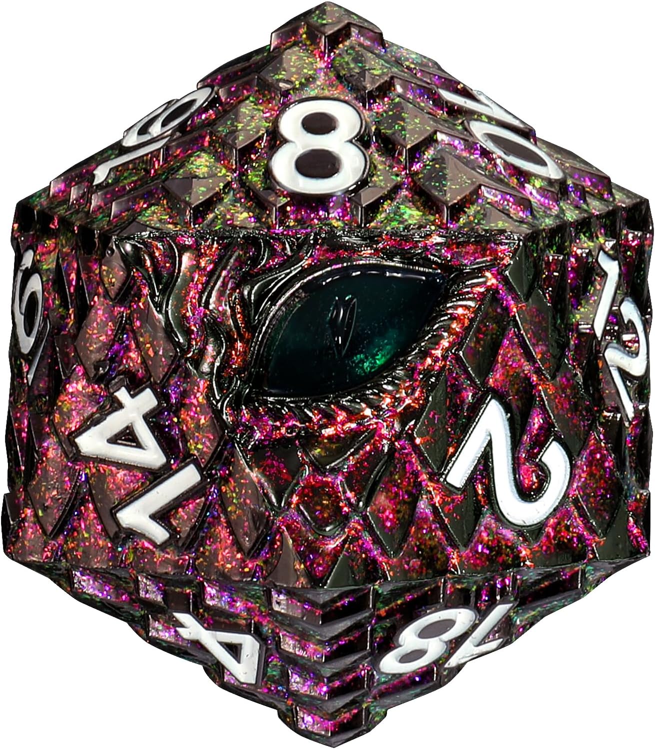 Dragon Eye Scale Metal Dice,33mm 20 Sided Giant D20, Large Polyhedral Dice, Metal Dice Set for TTRPG Tabletop Gaming,Dungeon Masters,RPG Adventures(Glitter Purple with Green Eye)