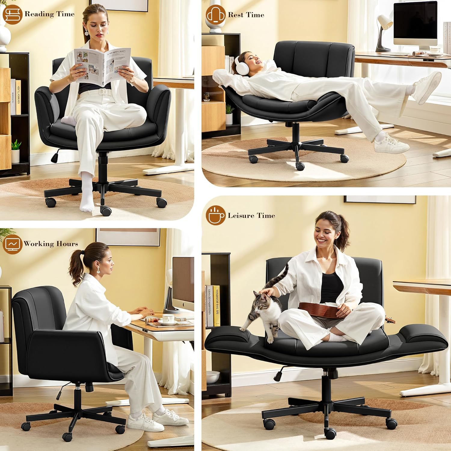 Criss Cross Chair with Wheels & Armrests,Comfy Wide Vanity Chair,Scratch-Resistant Pu Leather Cross Legged Desk Chair,Height Adjustable Computer Office Desk Chairs for Home,Makeup,Bedroom