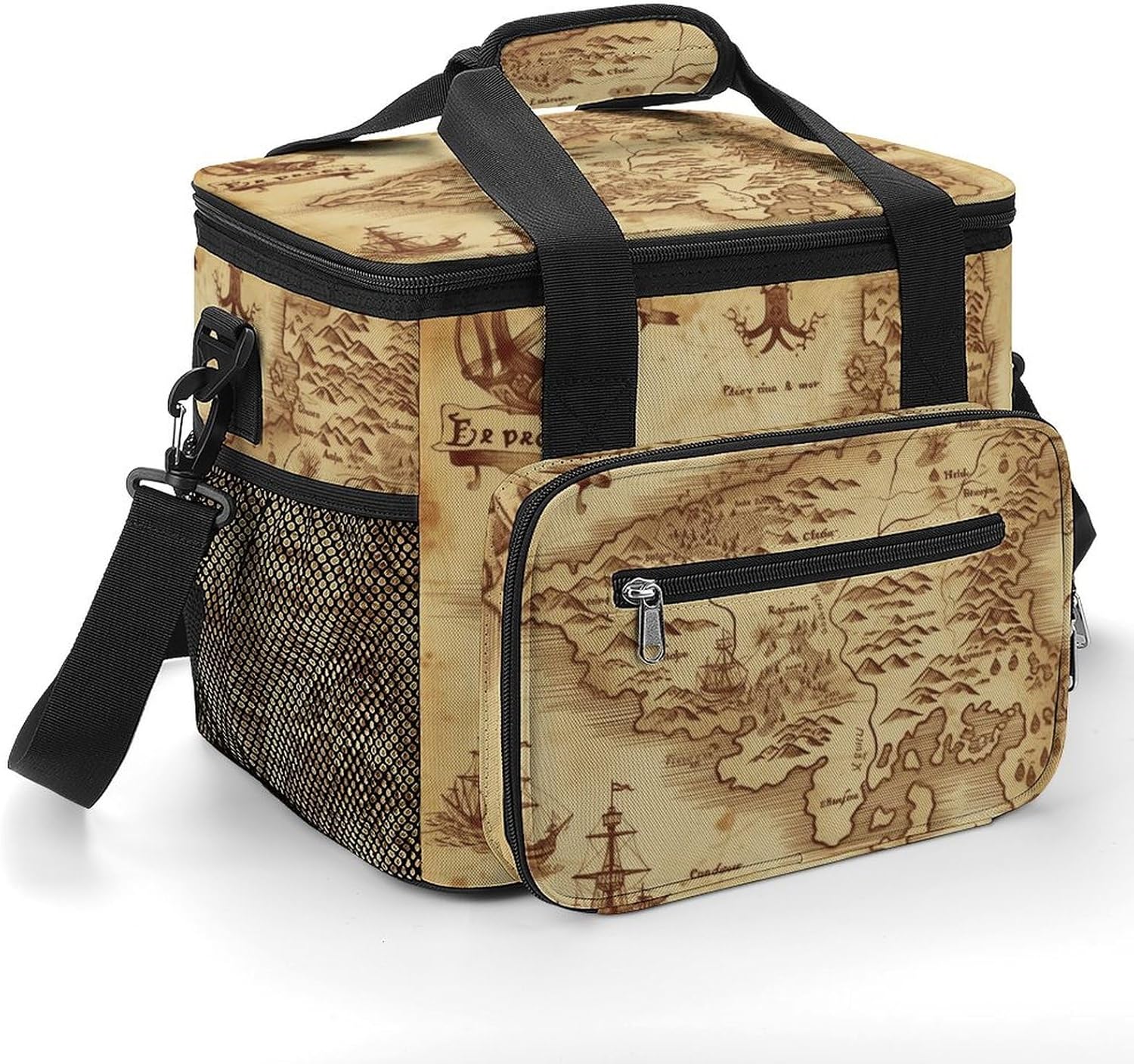 Camping Ice Pack, Treasure Map Vintage Print Cooler Bag, 22.5L Large Capacity Insulated Lunch Tote Bag for Outdoor, Picnic, BBQ, Travel, Work