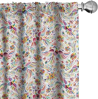 Ambesonne Mexican Window Curtains Pack of 2, Colorful Nature Inspired Pattern Birds Flowers Leaves and Dots Creativity, Lightweight Set with Rod Pocket, 4 Panels of - 28" x 84", Red Cream 
