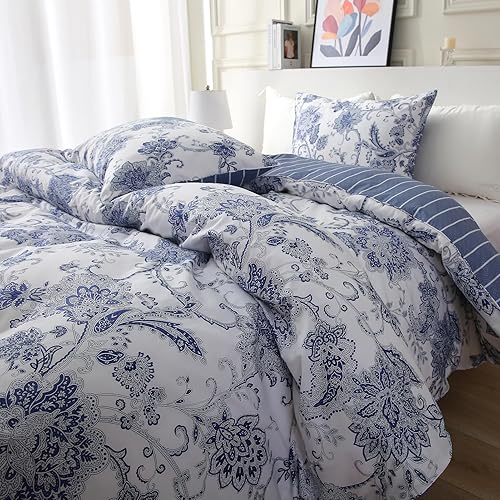 Miniatura 3 de ABREEZE Juego de funda de edredón floral azul, tamaño Queen, 100% algodón, 3 piezas, funda de edredón con cremallera, juego de funda de edredón de