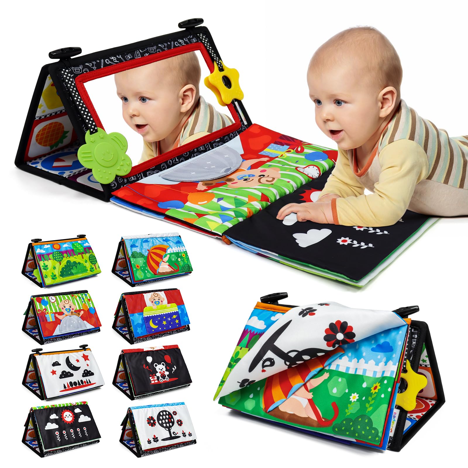 Dr.Rapeti Specchio per Bambini Giochi Sensoriali in Bianco e Nero Specchio per Neonato Giocattolo mit Libri di Stoffa (Specchio da Terra + Libro di Stoffa)