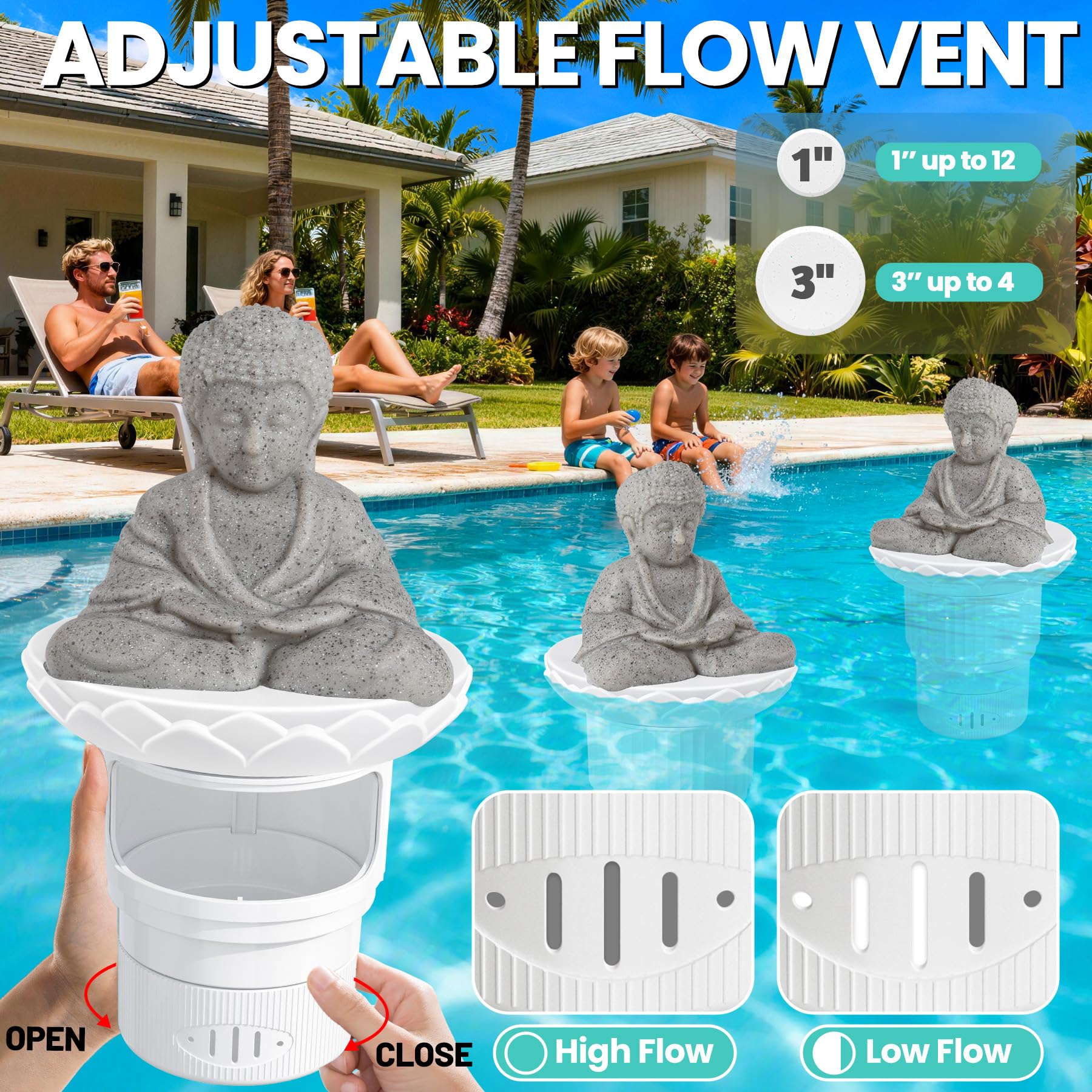 PRAXXIS Galleggiante solare per cloro, statua di Buddha galleggiante per cloro con luce solare, dispenser di cloro galleggiante regolabile per piscina, galleggiante per cloro pieghevole, galleggiante