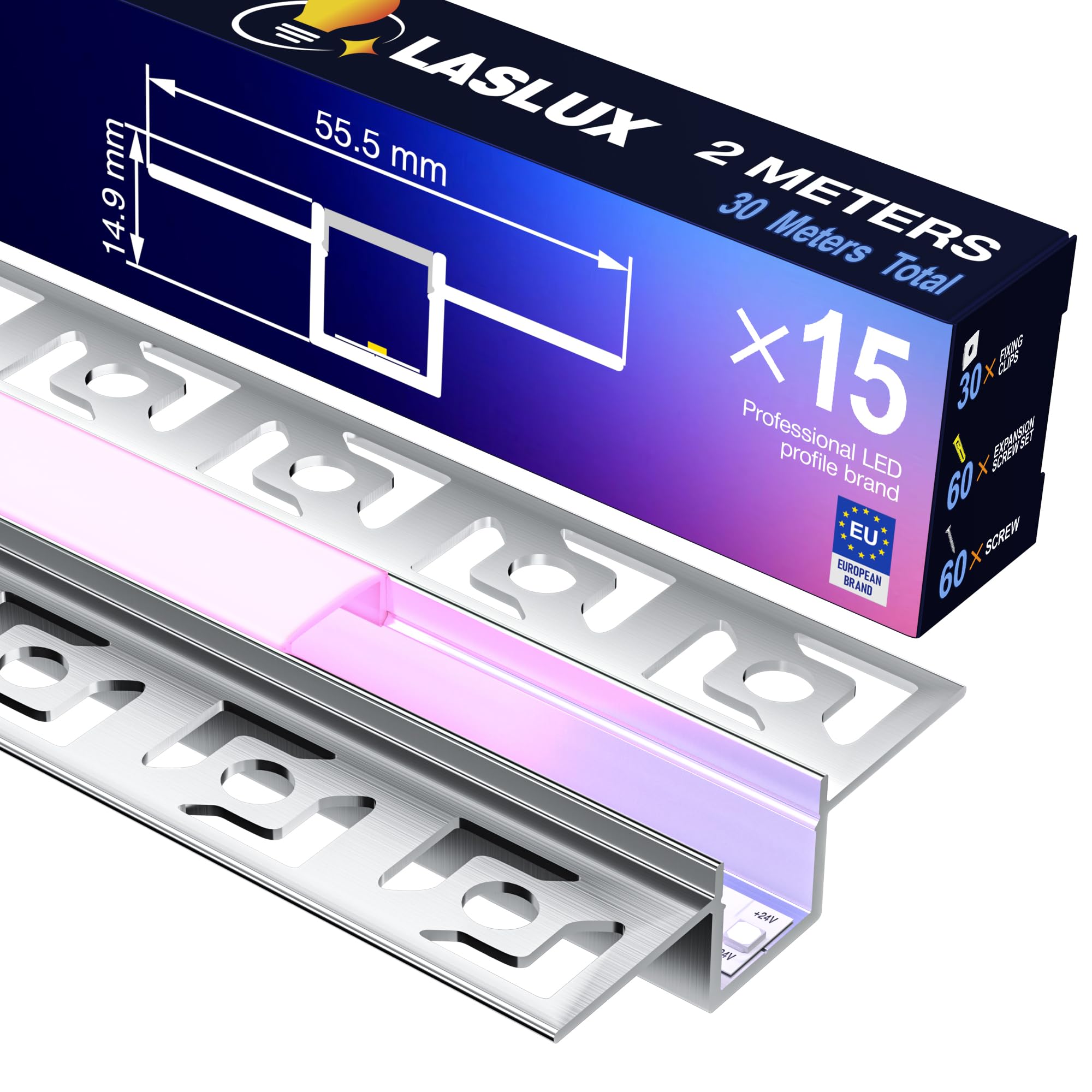 Profil LED do suchej zabudowy 2 m × 15 – aluminiowy kanał LED 55,5 × 14,9 mm – 12 mm wymiar wewnętrzny do oświetlenia zabudowy