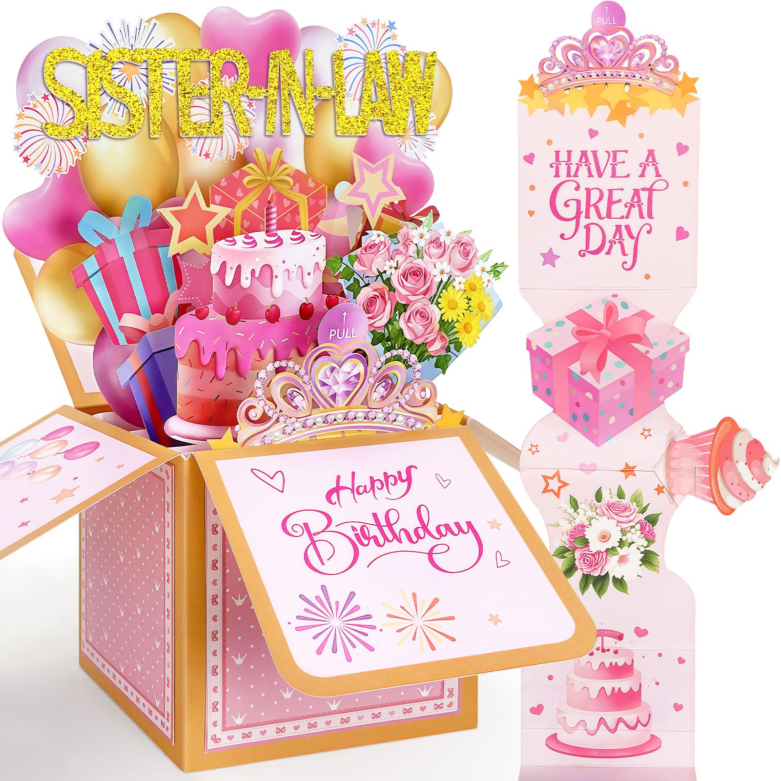 YianHien Sister in Law Birthday Card, 3D Pop Up & Pull-Out Gift Box Design, Happy Birthday Card with Cake Bouquet & Crystal Tiara Decorations, Lovely Sister in Law Birthday Gifts