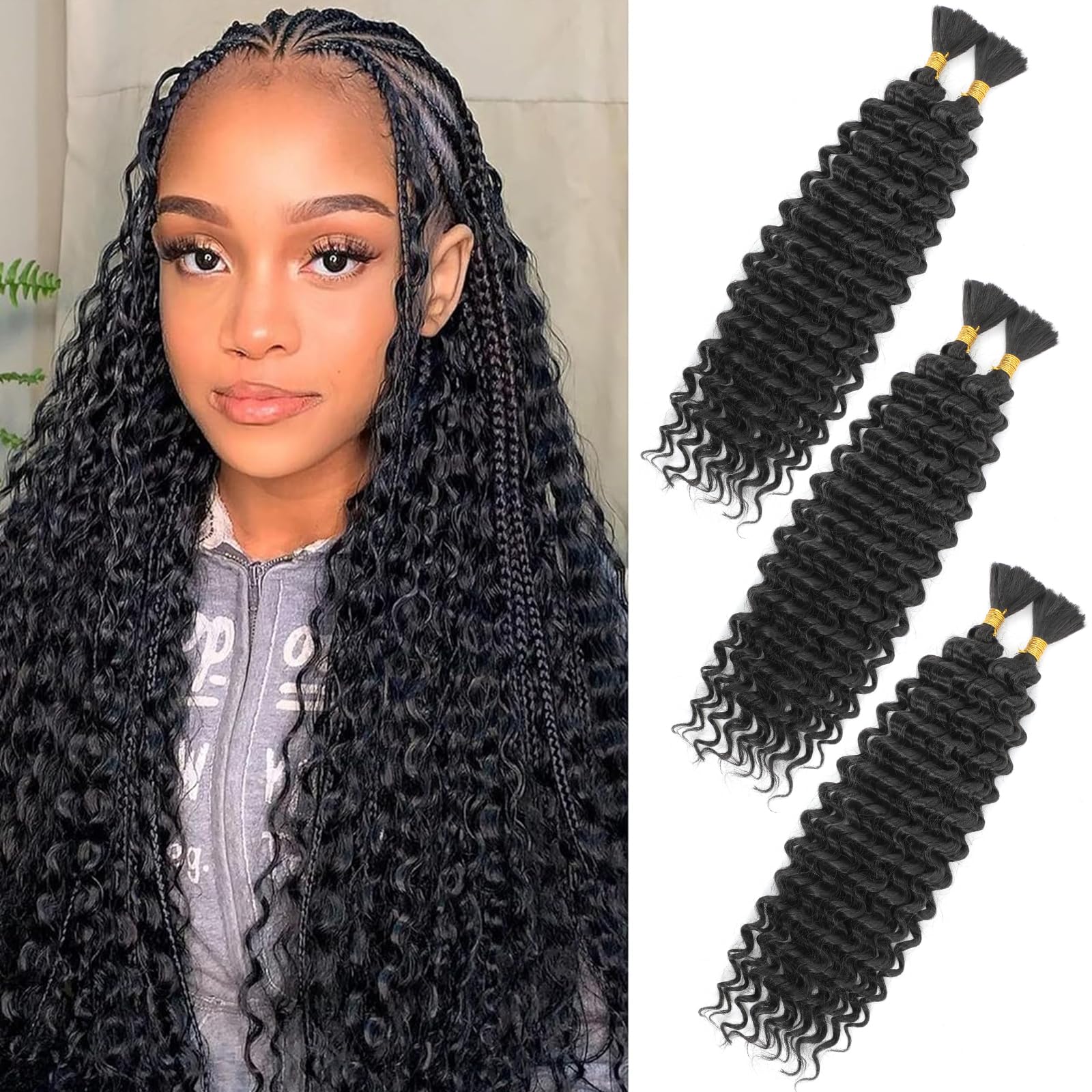 Deep Wave Bulk Hair for Braiding 18 Inch No Weft Deep Wave Bundles Curly Braiding Hair Extensions for Boho Braids and Wavy Braiding Hair 2 Braids per Pack (1B