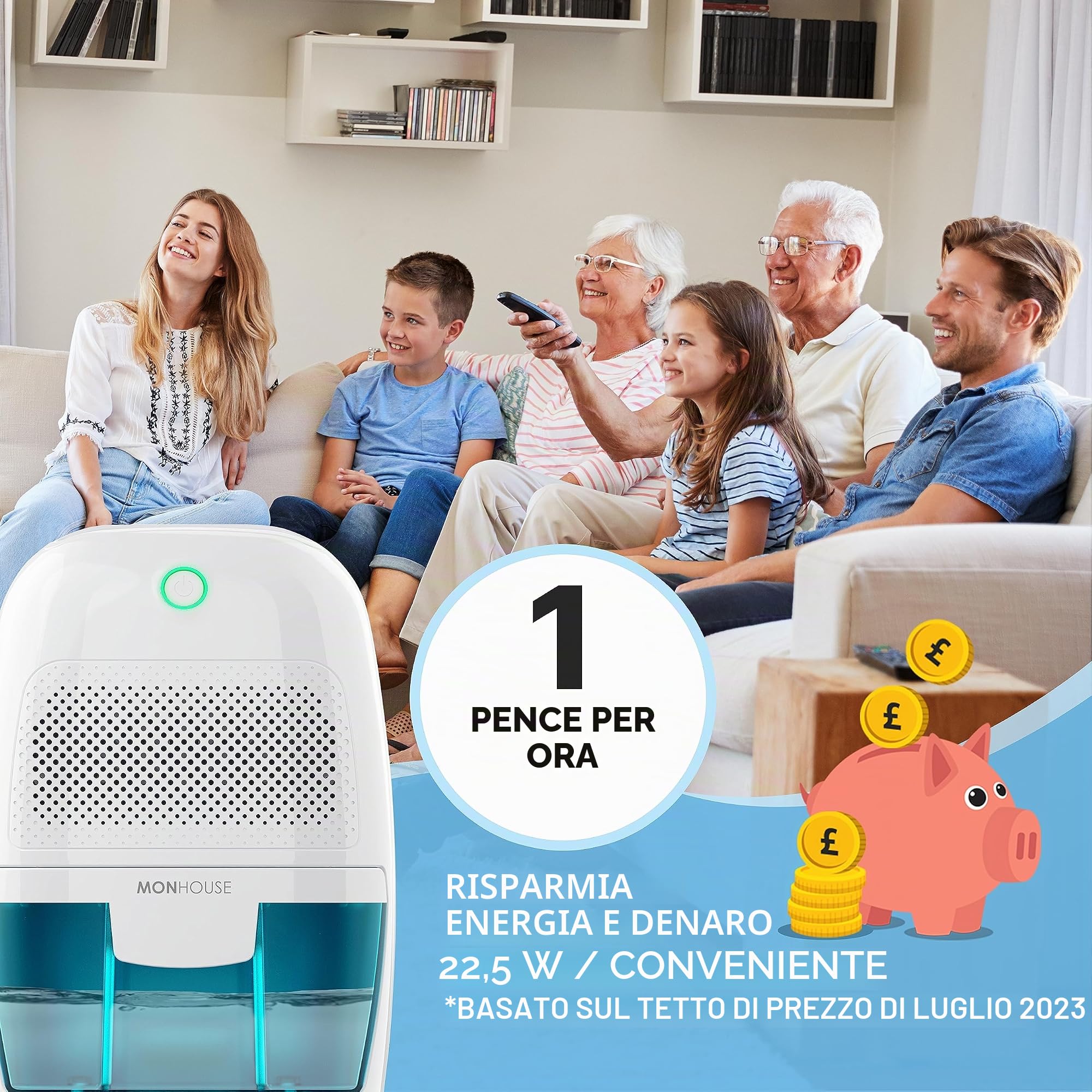 MONHOUSE Mini deumidificatore portatile, compatto e silenzioso, 600 ml, assorbe l'umidità per casa, camera da letto, auto, ufficio, garage, roulotte e cantina, rimuove la muffa elettrico, bianco/blu