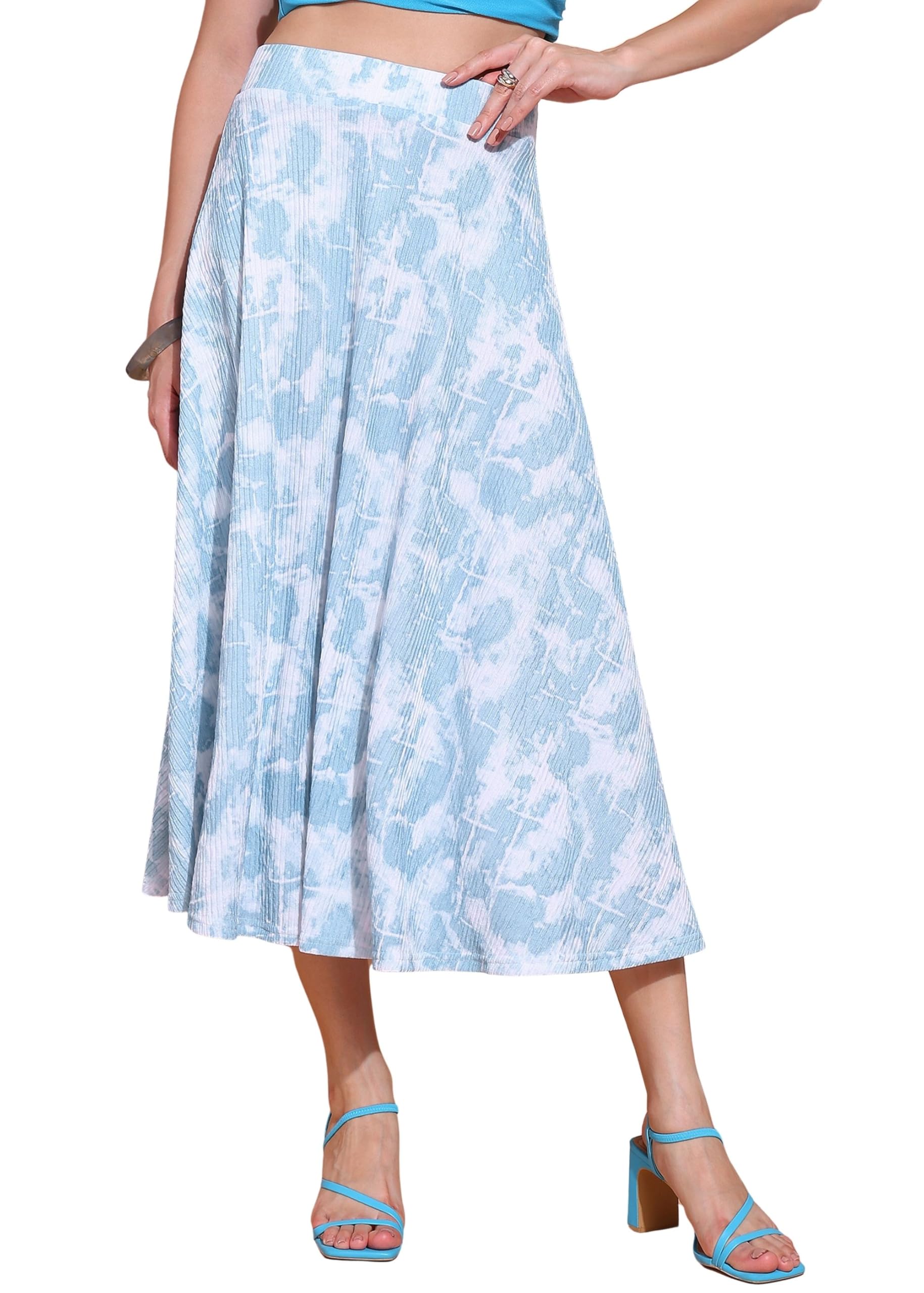 fraulein Women’s Tie-Dye A-Line Self Design Printed Maxi/Midi Skirt | High Waist Flared | Soft Ribbed Texture | Casual Summer Knee Length Vacation Skirt-picture-41