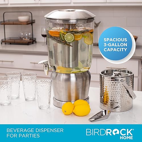 Miniatura 6 de BIRDROCK HOME Dispensador de bebidas de acero inoxidable de 3 galones con recipiente de hielo, grifo  redondo  jarra de agua de té de sangría