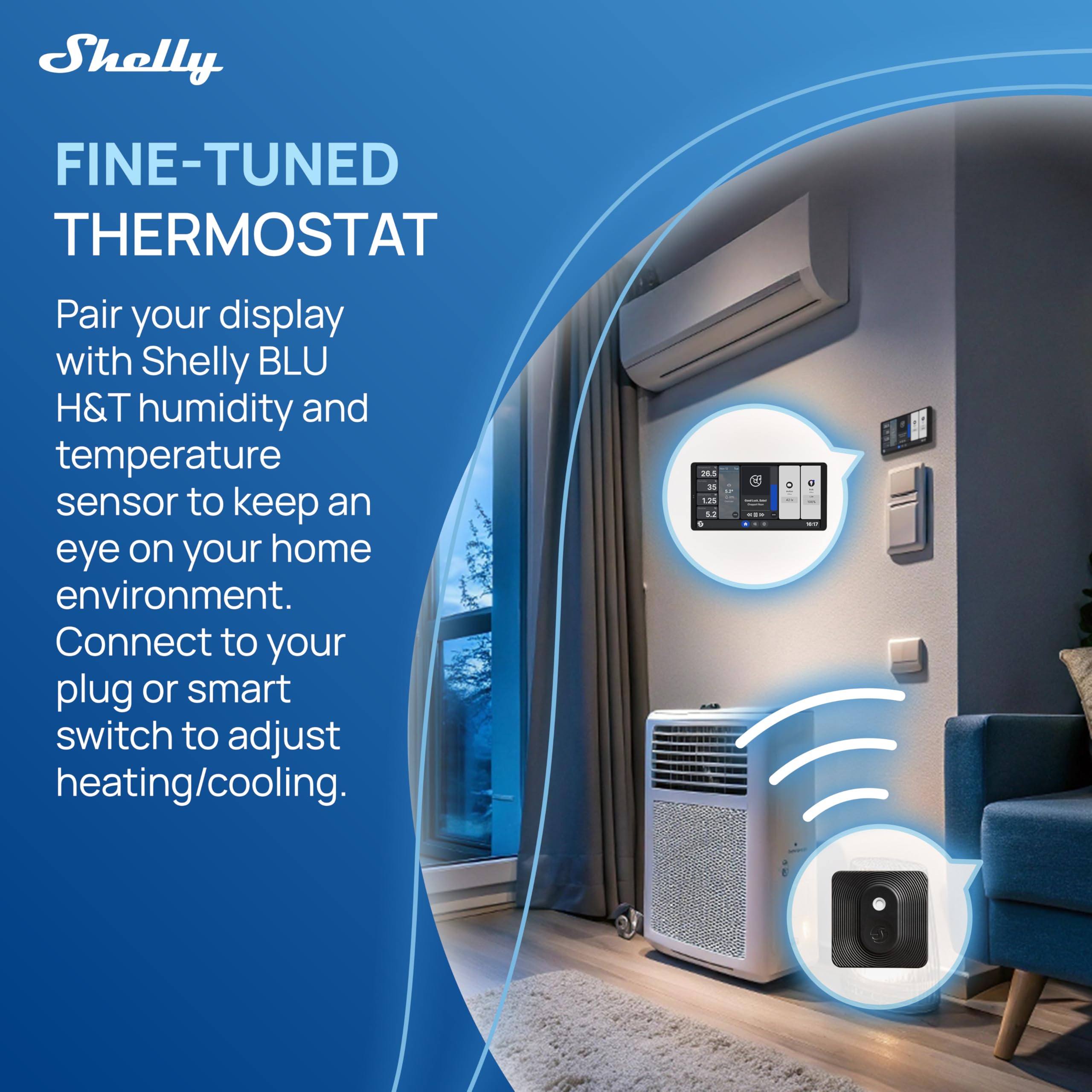 Shelly Wall Display x2 Negro y BLU H&T Negro - Panel de control domótico Wi-Fi con termómetro, higrómetro, pantalla táctil de 6,95'', interruptor 5A, termostato, Shelly App y Home Assistant