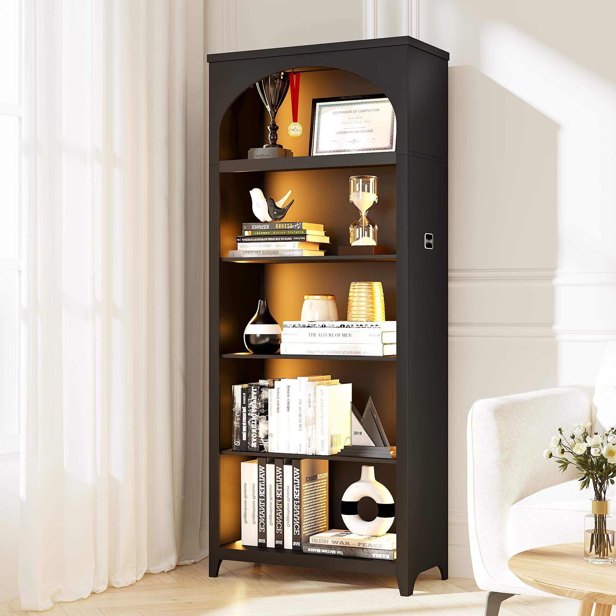 FREDEES Arched Bookcase with LED Lights, 175CM 5-Tier, Black
