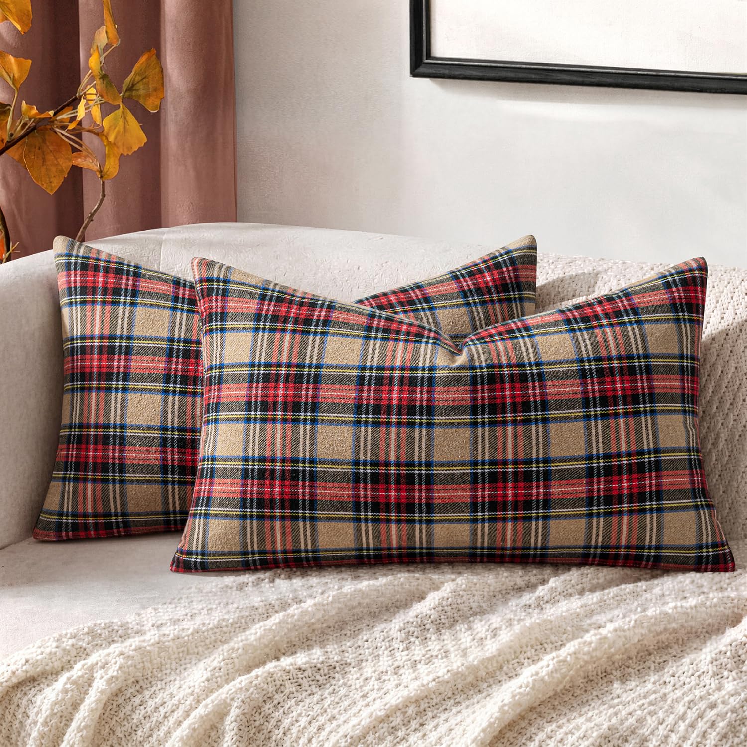MIULEE Fall Plaid Pillow Covers Scottish Tartan 12x20 Khaki | Set of 2 Fall Decorations Lumbar Cushion Covers, Farmhouse Winter Home Decor, for Thanksgiving Sofa Couch Bed Living Room