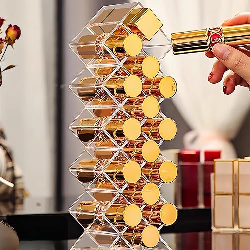 Miniatura 2 de Cedilis Paquete de 4 organizadores acrílicos para lápiz labial, organizador de almacenamiento de brillo de labios transparente con 64 ranuras,