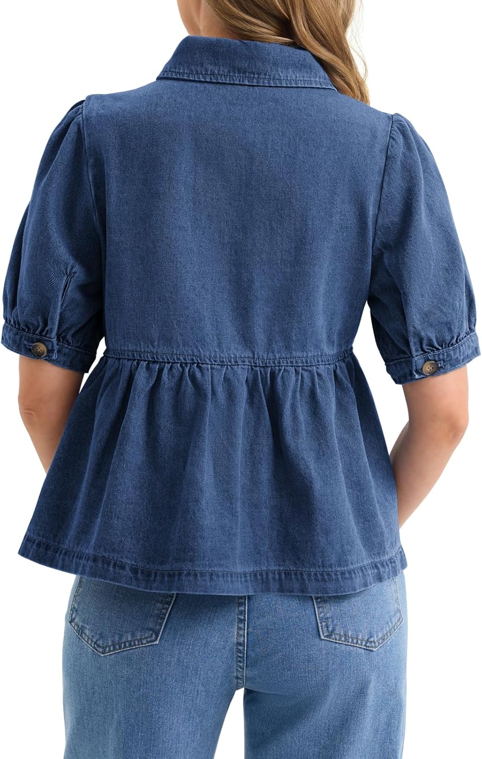 Yousify Womens Button Down Denim Shirts Short Puff Sleeve Babydoll Peplum Casual Jean Tops Summer Ruffle Flowy Blouses - Image 3
