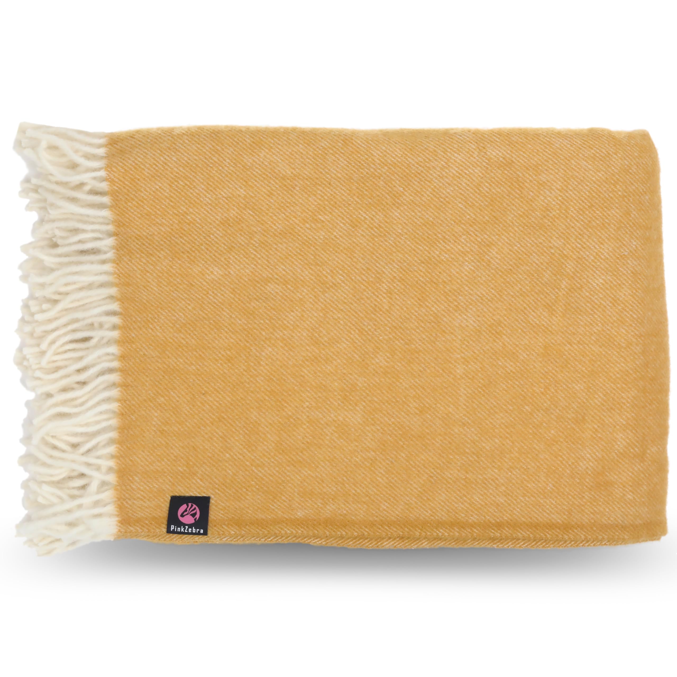 PinkZebra Sehr Warme Dicke 400 g/m² Merinowolle Decke ca. 160 x 200 cm, aus 100% Neuseeland Wolle, Tagesdecke, Kuscheldecke, Wohndecke, warme Decke mit Fransen, kuschelige Sofadecke, Honig