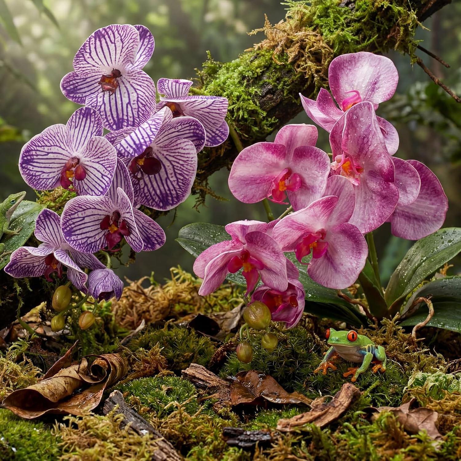 Chuangdi 2 Pcs Artificial Phalaenopsis with Suction Cups Terrarium Plant Decoration Reptile Habitat Plant Decor for Hermit Crab Lizards Geckos Snake(Jelly Purple,Lilac Purple,Fresh)