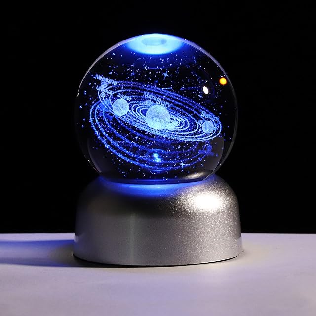 Ornalrist 2.36" K9 Crystal 3D Solar System ball with LED Lamp Base, Engraving Shooting Star Planet Model, Gifts for Astronomy Lovers
